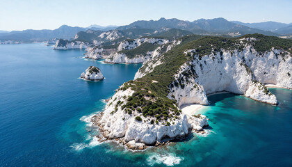 Aerial view of a white cliff with a beach and turquoise waters, backed by mountains.