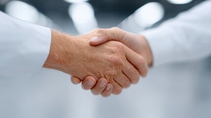 A close-up of two hands shaking in a professional setting, symbolizing partnership and agreement