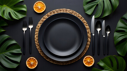Elegant Black Table Setting with Tropical Monstera Leaves and Citrus Accents for Luxurious Dining Experience and Creative Content Creation