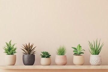 Fototapeta premium Shelf with potted plants against a pale peach wall