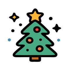 Colorful Christmas tree vector icon with star and ornaments. Festive holiday decoration design for winter, New Year, and seasonal celebration projects