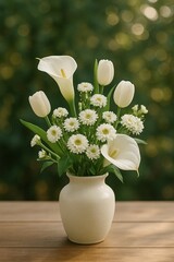 Bouquet of White Flowers in vase, Calla Lily, Aster, and Tulip with Bokeh Background.