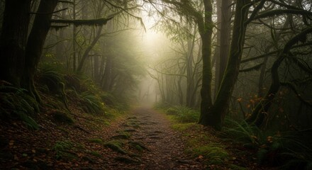 Obraz premium Foggy woodland path with soft light