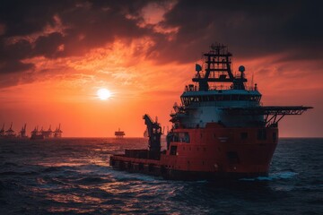Fototapeta premium Offshore Supply Vessel. Business Transport of Cargo for Rig Platform at Sunset