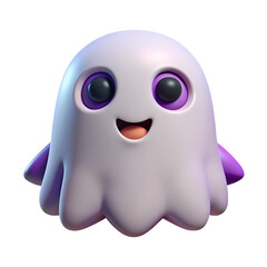 Adorable cartoon ghost with big purple eyes and a happy smile isolated on transparent background