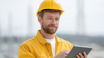 A construction worker in a hard hat uses a tablet to monitor project details. He smiles as he reviews vital information, showcasing the intersection of technology and manual labor.
