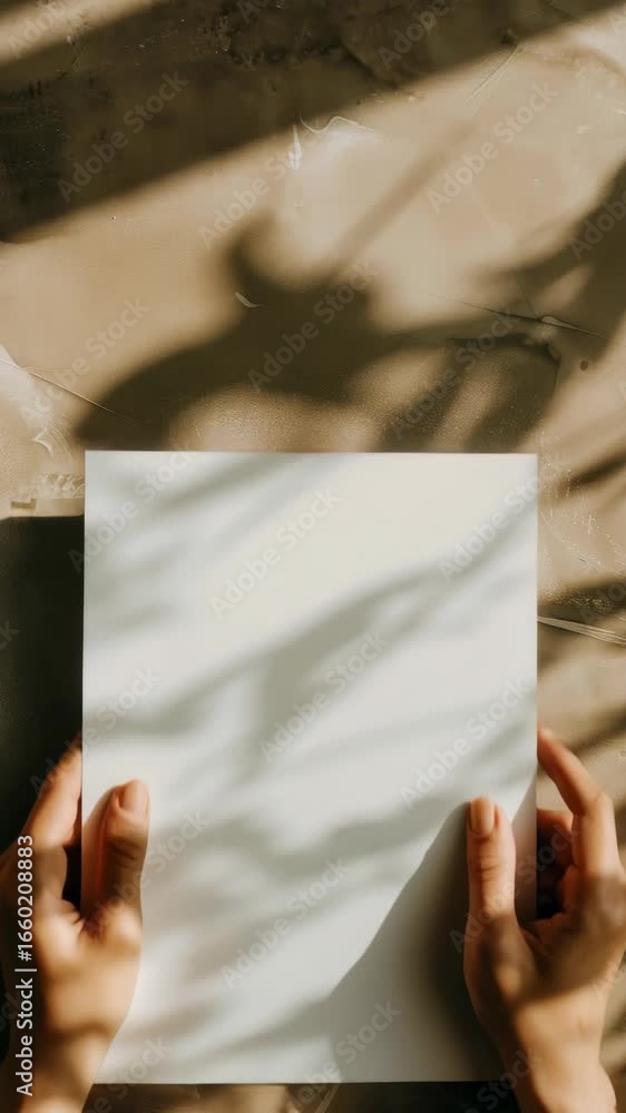 Poster top-down view of hands holding a blank paper on a textured surface with artistic shadows. ideal for 