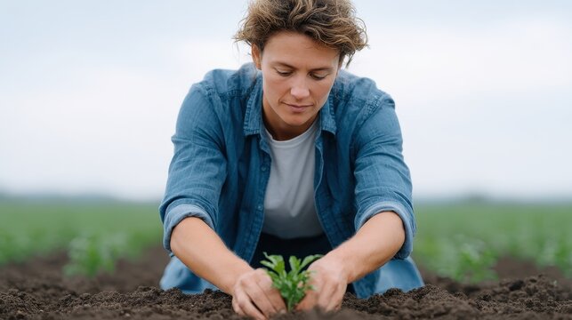 A dedicated individual carefully plants a young seedling in rich soil, showcasing the importance of sustainable agriculture and personal connection to nature in environmental stewa
