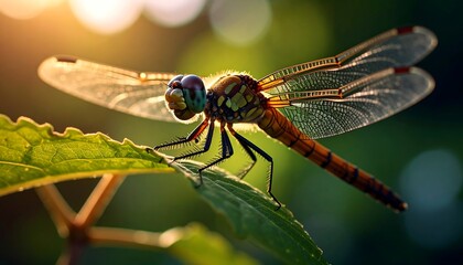 A vibrant dragonfly rests gracefully on a lush green leaf, bathed in the warm glow of sunlight.