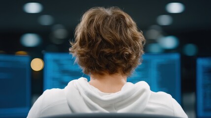 A focused individual working on multiple computer screens, immersed in coding and technology. The scene highlights modern digital work environments and concentration.