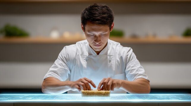 A focused chef meticulously preparing a dish in a modern kitchen setting, showcasing culinary skills and creativity with fresh ingredients and elegant presentation.