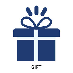 Stylized illustration of a wrapped gift box in dark blue with a light blue ribbon and bow