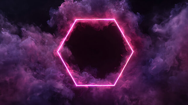 Vibrant neon hexagon frame surrounded by wispy pink and purple smoke clouds