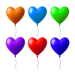 Six colorful heart shaped balloons isolated on transparent background