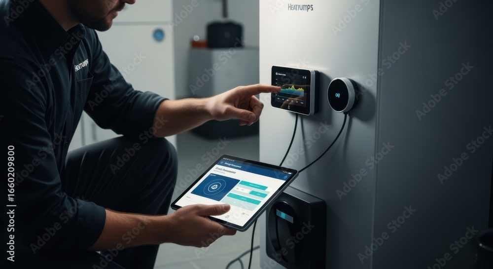 Poster technician programming smart thermostat integration on a new heat pump water heater highlighting adv