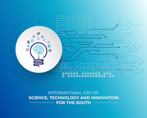 International Day of Science, Technology and Innovation for the South. 16 September. Template for background with banner, poster and card. Flat illustration. Jpeg format.