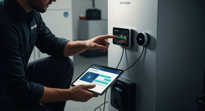 Technician programming smart thermostat integration on a new heat pump water heater highlighting advanced home energy management features.