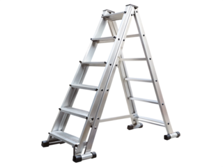 Silver Folding Ladder with A- Frame Configuration on Background aluminum A-frame isolated on a transparent background