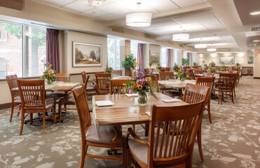 Empty tables and chairs in senior living dining room with flowers