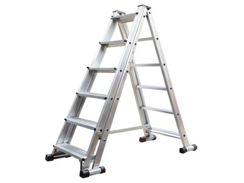 Silver Folding Ladder with A- Frame Configuration on Background aluminum A-frame isolated on a transparent background