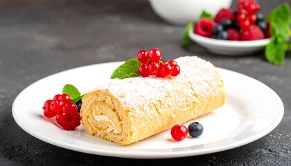 A delightful, light-colored, powdered swiss roll, topped with fresh berries and mint, sits on a white plate against a dark gray background.