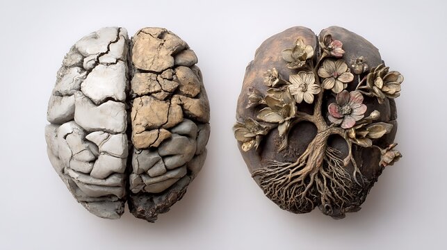 Two brains side by side: one made of stone and cracking, the other made of roots and flowers, symbolizing mental rigidity vs. flexible growth 