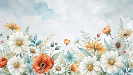 Fototapeta premium Vibrant watercolor illustration of assorted flowers including daisies, poppies, and blue blossoms, creating a lively floral arrangement with soft pastel background and delicate details