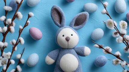 Cute Funny Bunny Toy on Blue Background - Whimsical Toy Photography