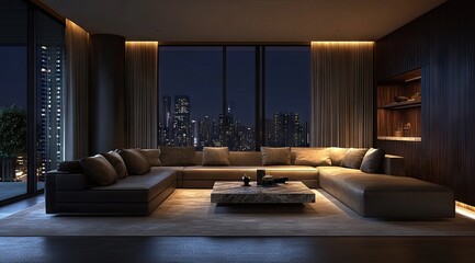 Modern city loft living room at night