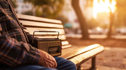 Elderly man sitting on a park bench enjoying the sunset while listening to a vintage radio