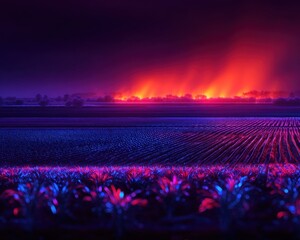 Fototapeta premium Vibrant landscape with glowing fields at night.