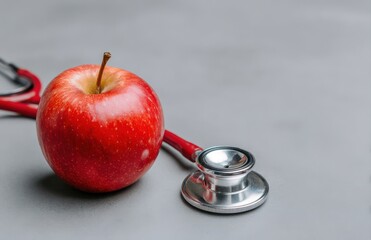 Red apple and stethoscope promoting healthy lifestyle on grey background