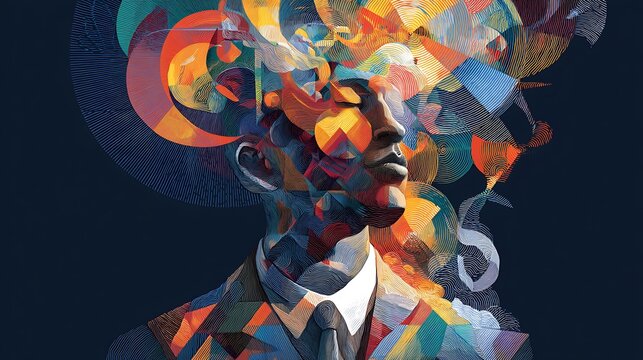 A figure meditating as swirling abstract thoughts around their head morph from darkness into vibrant geometric shapes, showing internal clarity and paradigm shift 