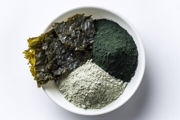Seaweed Powder. Fresh Laminaria Kelp Leaf and Spirulina Powder in White Bowl Background