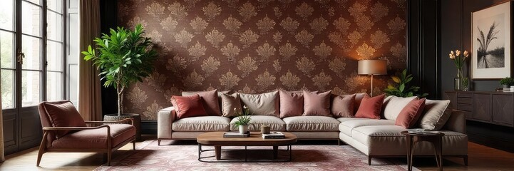 Elegant Damask Wallpaper in a Luxurious Living Room Green Decor, Classic Opulence