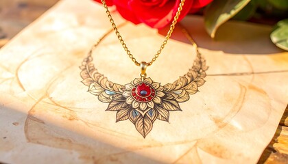 Delicate gold necklace with intricate floral pendant, showcasing a rich color palette and ornate design.