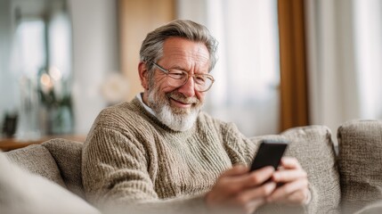 Senior Man Using Phone at Home - Happy Elderly Caucasian Man Sitting on Sofa in Living Room