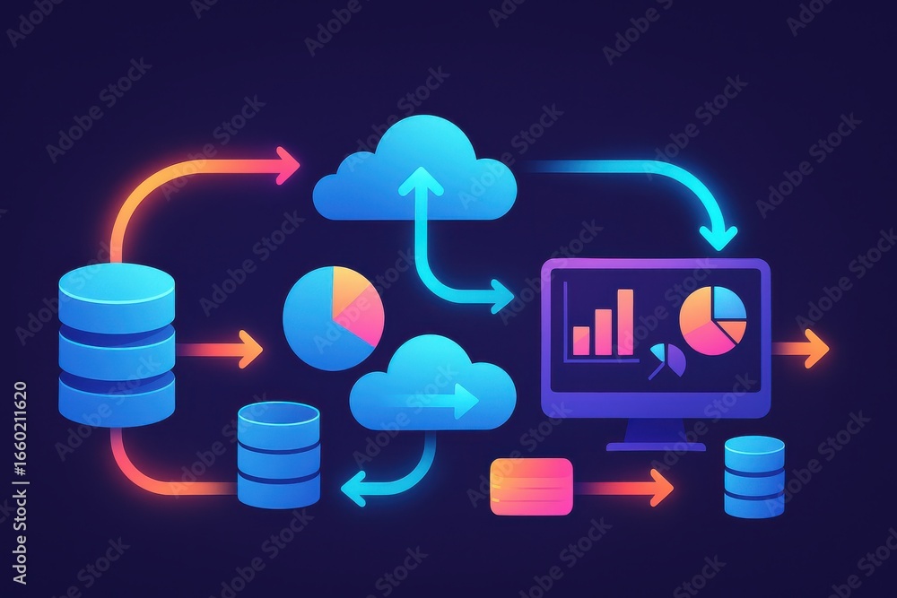 Aufkleber data flow illustration depicting cloud computing and data analysis in modern technology