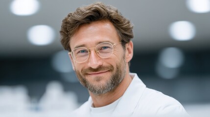 Obraz premium A smiling scientist in a lab coat showcases enthusiasm and professionalism in a modern laboratory setting, highlighting the importance of research and innovation in science.