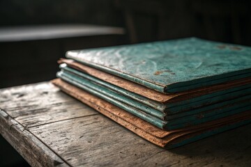 Stack of vintage leather bound books on a rustic wooden table
