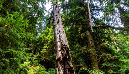 Lush greenery surrounds a tall, weathered tree trunk in a dense forest setting.