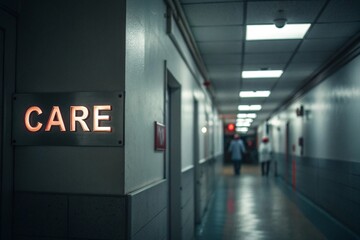 Fototapeta premium Illuminated care sign on a hospital hallway with a person walking in the distance