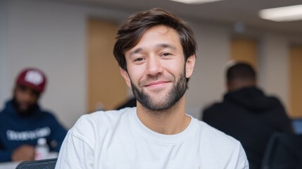 Fototapeta premium A smiling young man with a light beard sitting in a modern classroom environment. He exudes confidence and positivity, surrounded by fellow students engaged in learning.
