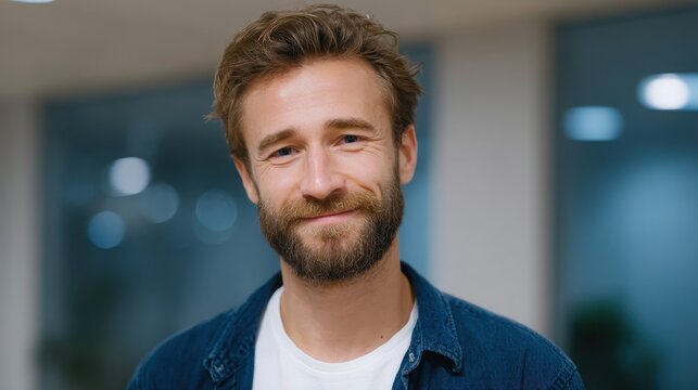 A smiling young man with a beard is photographed indoors, exuding confidence and warmth. His casual attire and approachable demeanor create an inviting atmosphere.