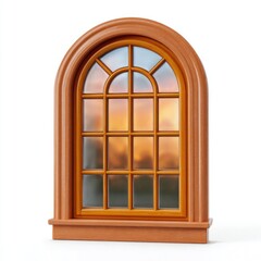 Obraz premium Arched wooden window with sunset reflection on white background