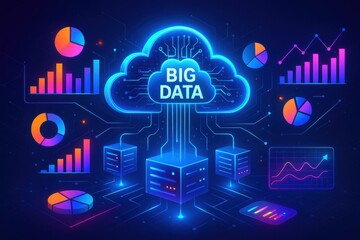 Futuristic big data concept with cloud computing and glowing neon visualizations