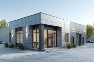 Obraz premium Small Office Exterior. Modern Warehouse Building with Office Unit in Architecture Design