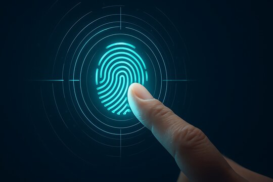 Finger touching a glowing blue fingerprint scan on a dark background with circles