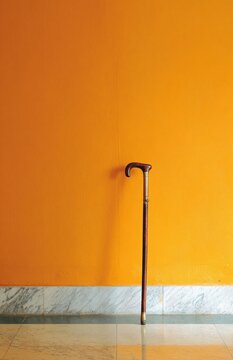 Elegant wooden walking cane leaning against vibrant orange wall
