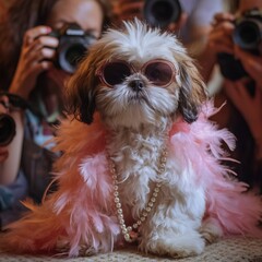 International Dog Day concept: Shih Tzu puppy as celebrity wearing feather boa and sunglasses, paparazzi taking photos, funny and cute, pet holiday social media post